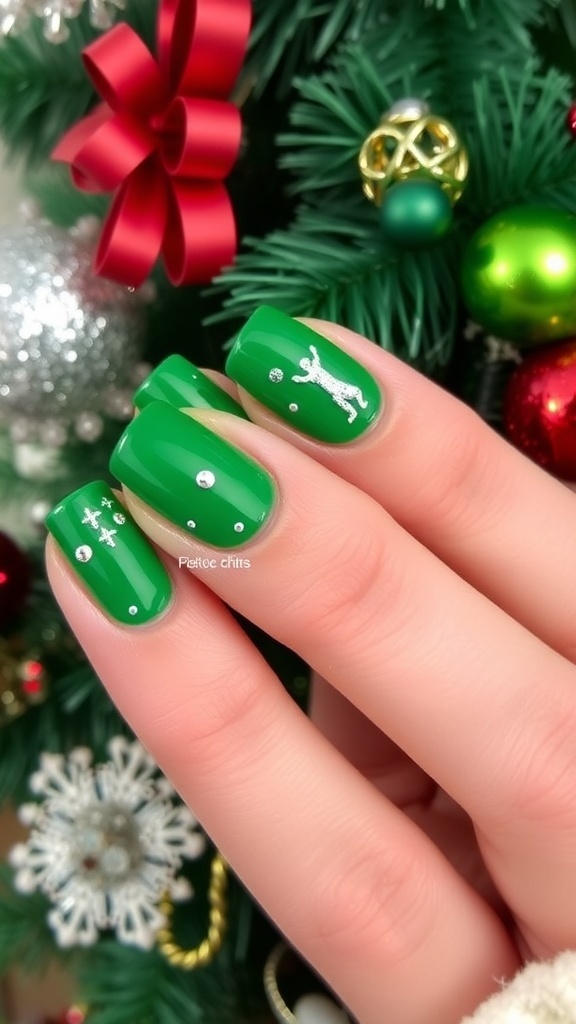 Kylie Jenner Inspired Christmas Green Nail Art Close-up of Christmas green nail art with glitter and decals on a festive background.